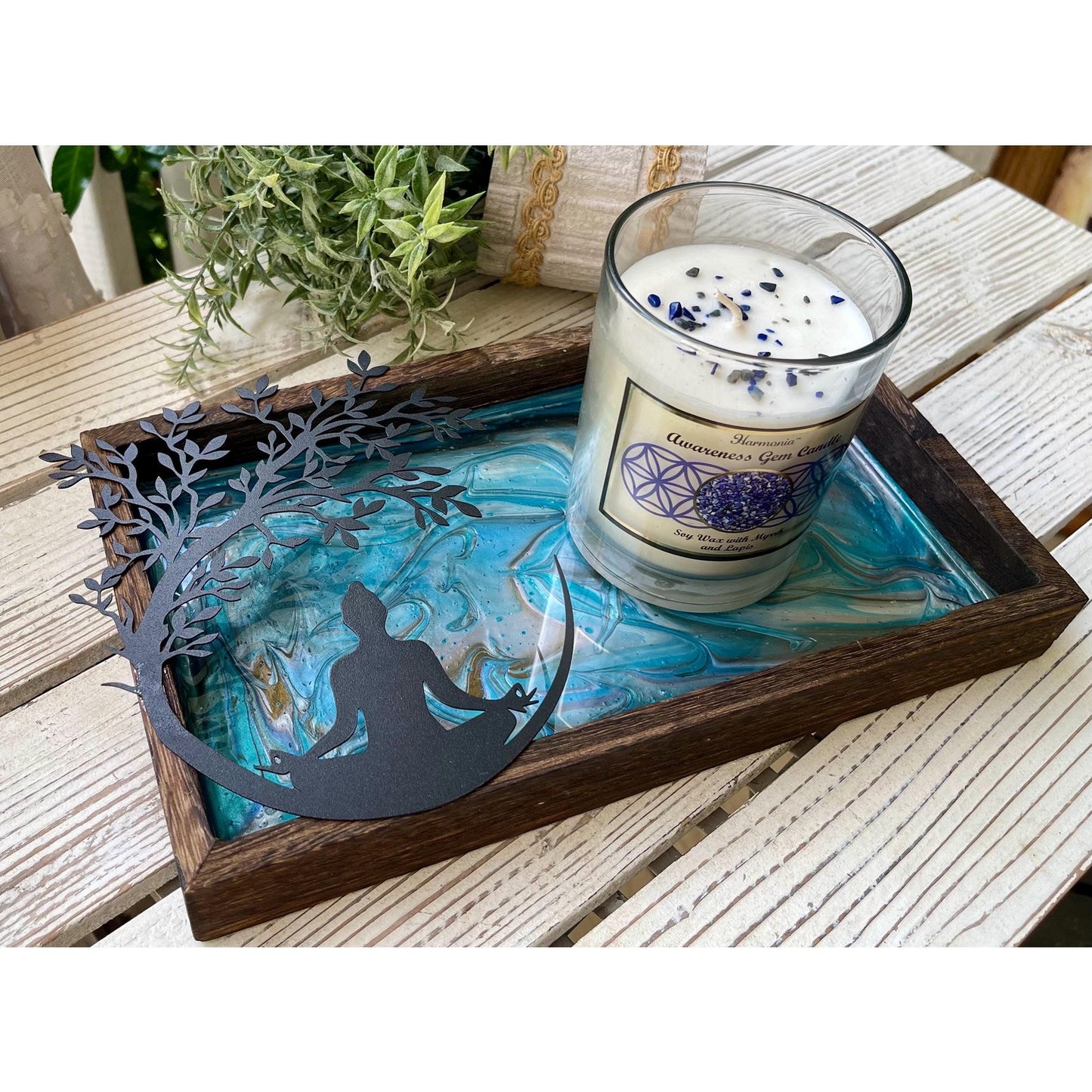 Meditation Altar Set • Resin Wood Tray with Gemstone Soy Candle • Spiritual Decor • Candle & Tray Set • Sacred Space Decor • Ritual Gift