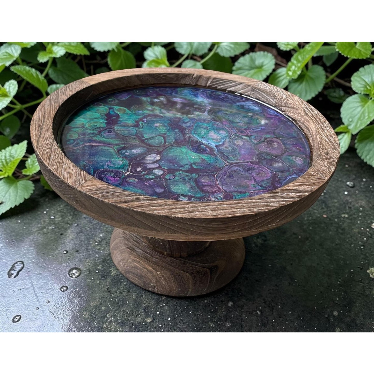 Moonstone Abyss Collection Pedestal Tray – Hand Painted Resin Art Bowl  –