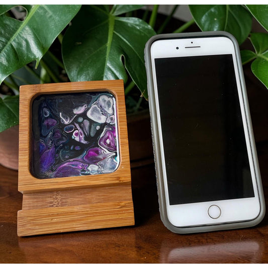 Phone Stand with Tray – Handmade Wood Phone Holder – Resin Art Phone Dock – Desk Phone Organizer – Cell Phone Accessory