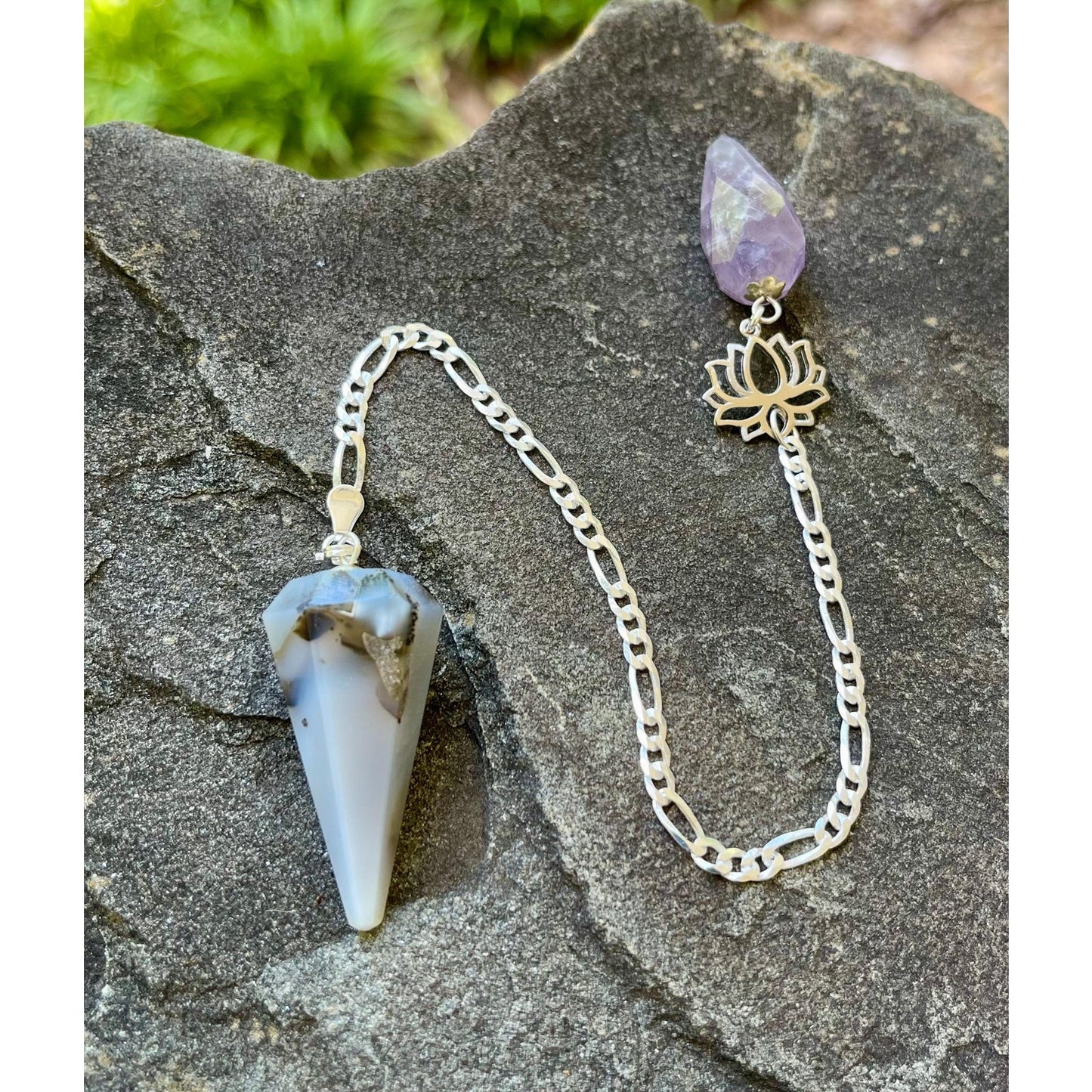 Luxury Dendrite Agate Pendulum | Amethyst Holder | Sterling Silver Lotus | Italian Sterling Silver Plated Chain | Handmade Crystal Pendulum