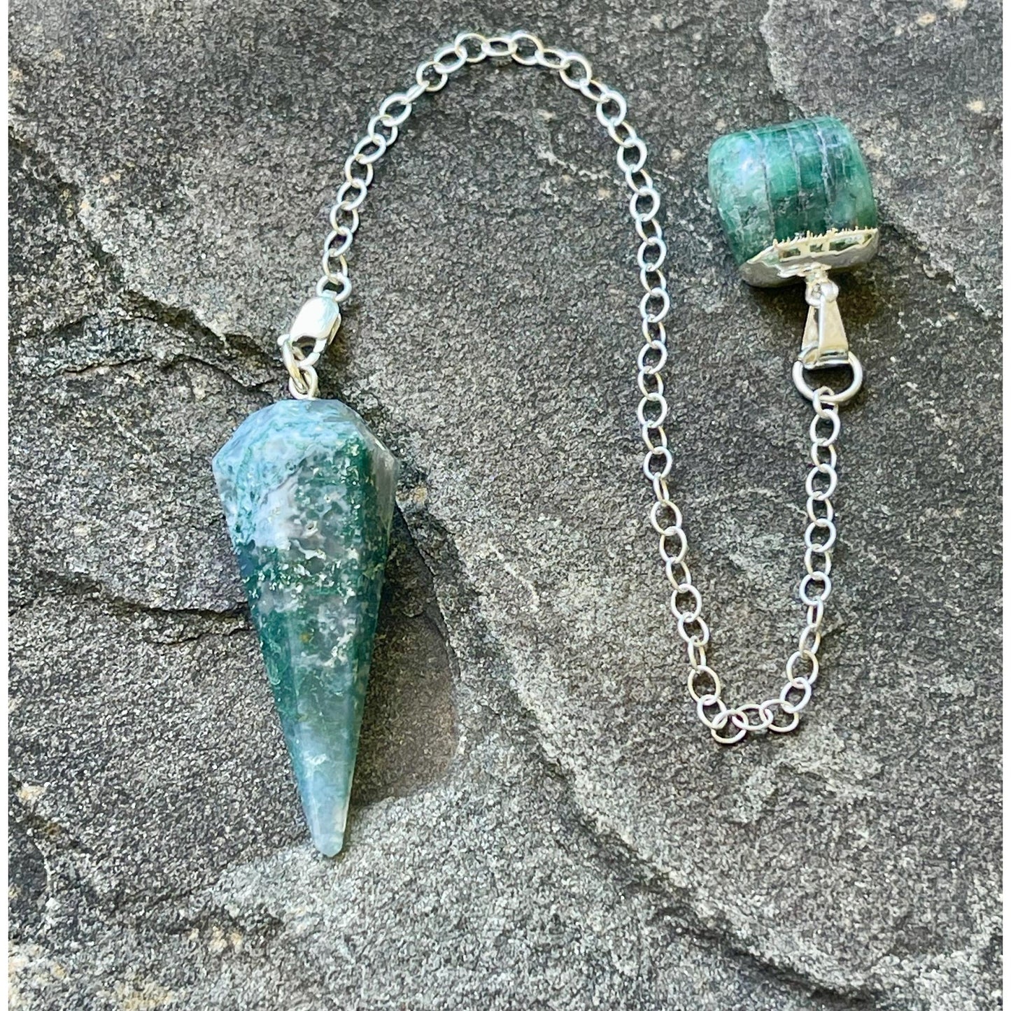 Moss Agate & Raw Emerald Sterling Silver Pendulum