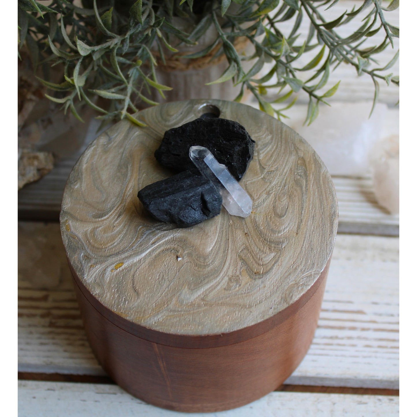 Stash Box, Jewelry Box, Keepsake Box, Hand Painted Box Crystals Black Tourmaline, Clear Quartz 4" x 4 x 3"
