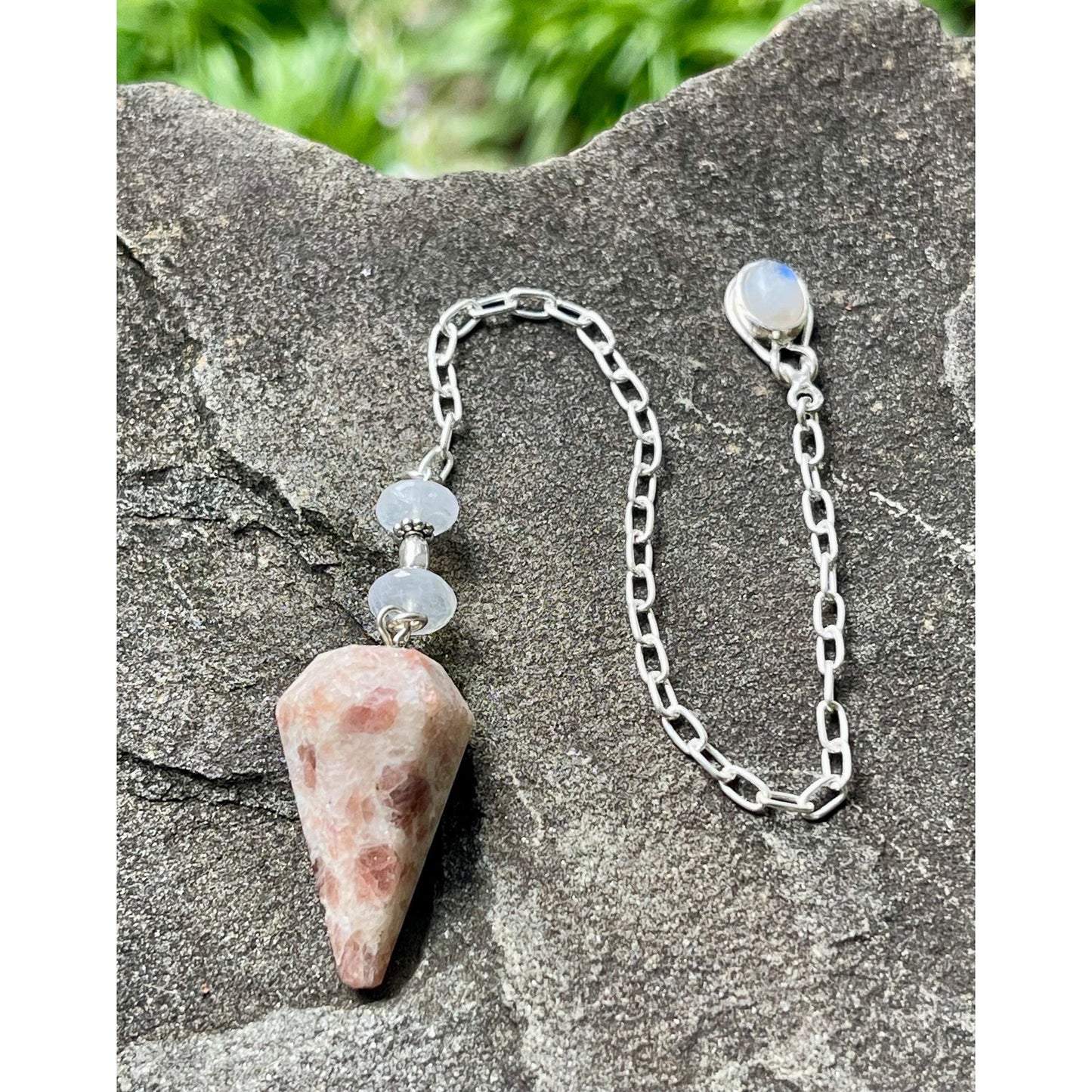 Luxury Peach Moonstone Pendulum | Heavy Sterling Silver Precious Metal Chain | Moonstone Sterling Silver Handle | Handcrafted Pendulum