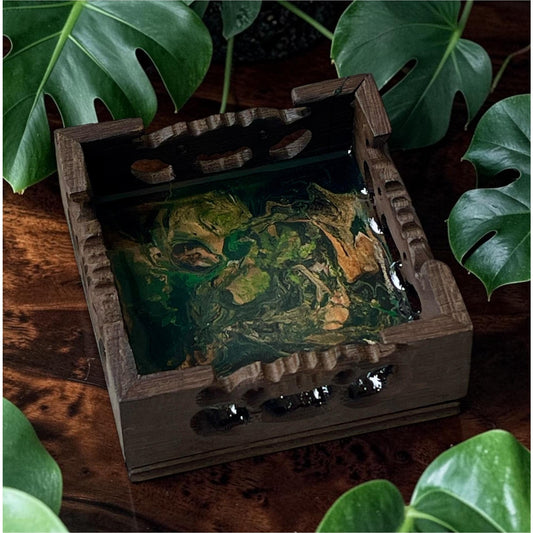 Emerald Tide Trinket Box – Hand Painted Resin Ring Box – Carved Wood Jewelry Box – Green & Gold Acrylic Pour Decor – Small Keepsake Box