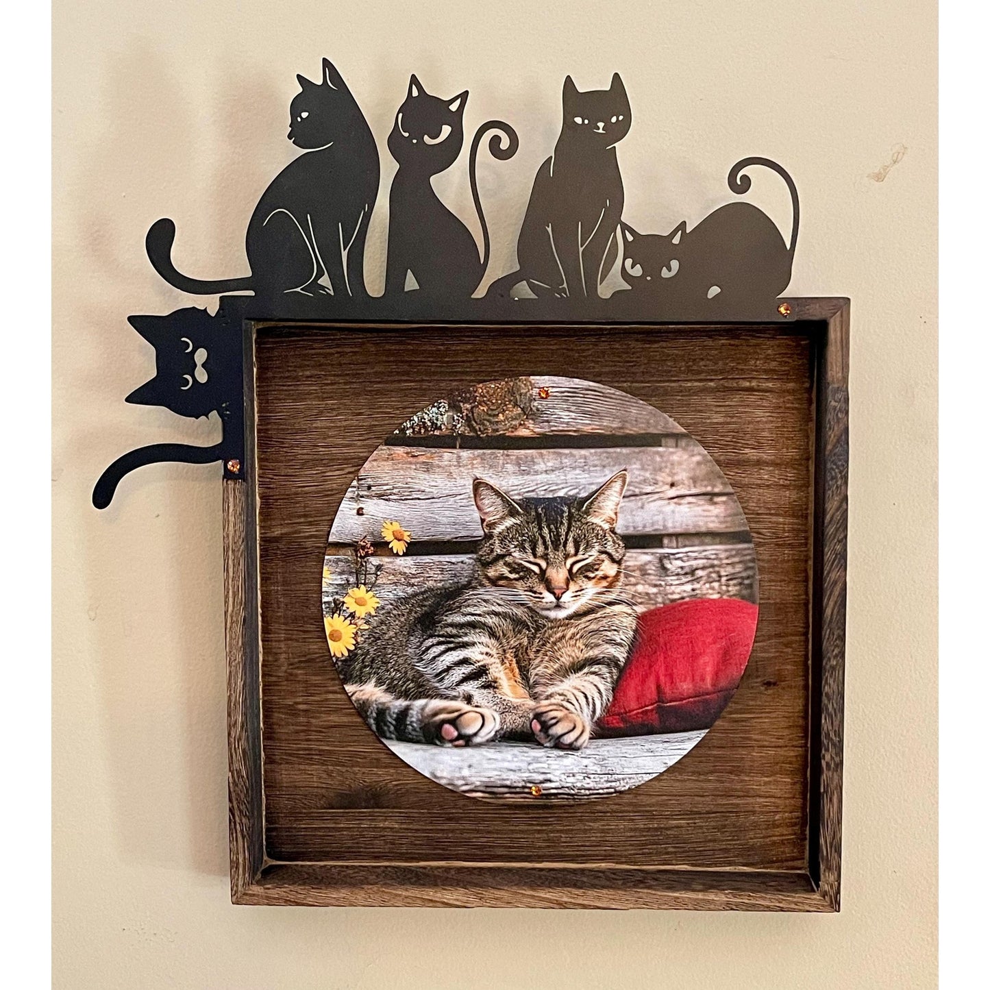 Cat Wall Art 10.5” | Cat Lover Decor | Rustic Wood Framed Cat Art