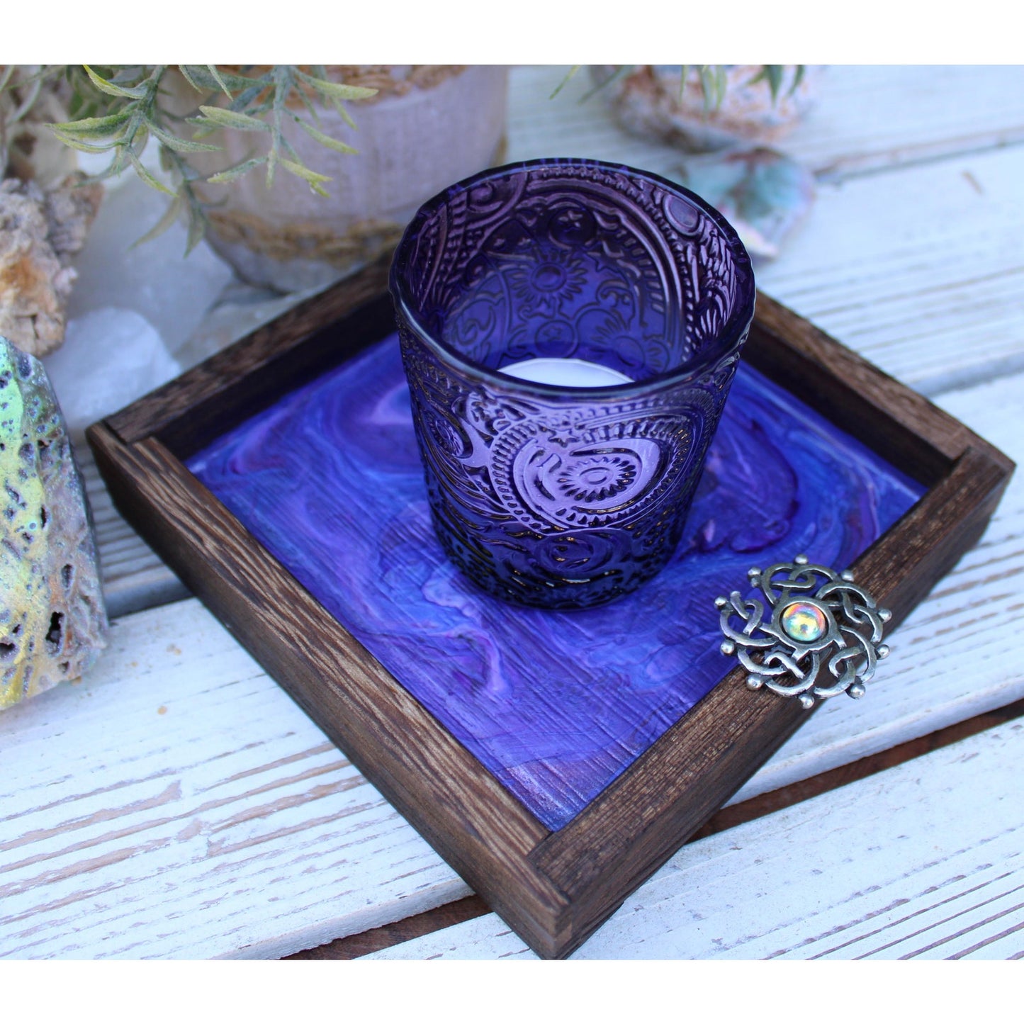 Candle Holder and Candle Celtic Harmony Hand Painted Wood