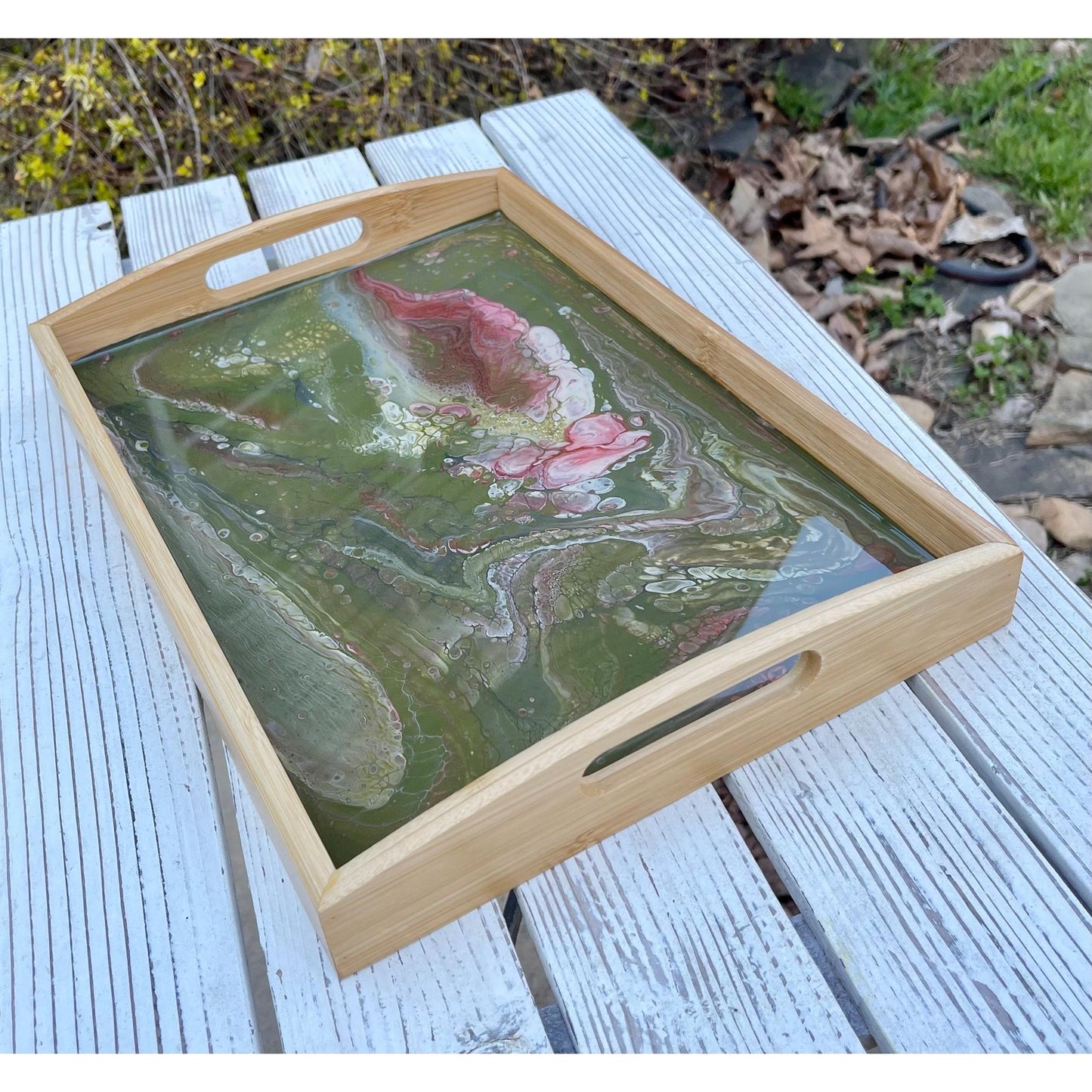Earth Bloom Resin Tray • Green & Blush Acrylic Pour •