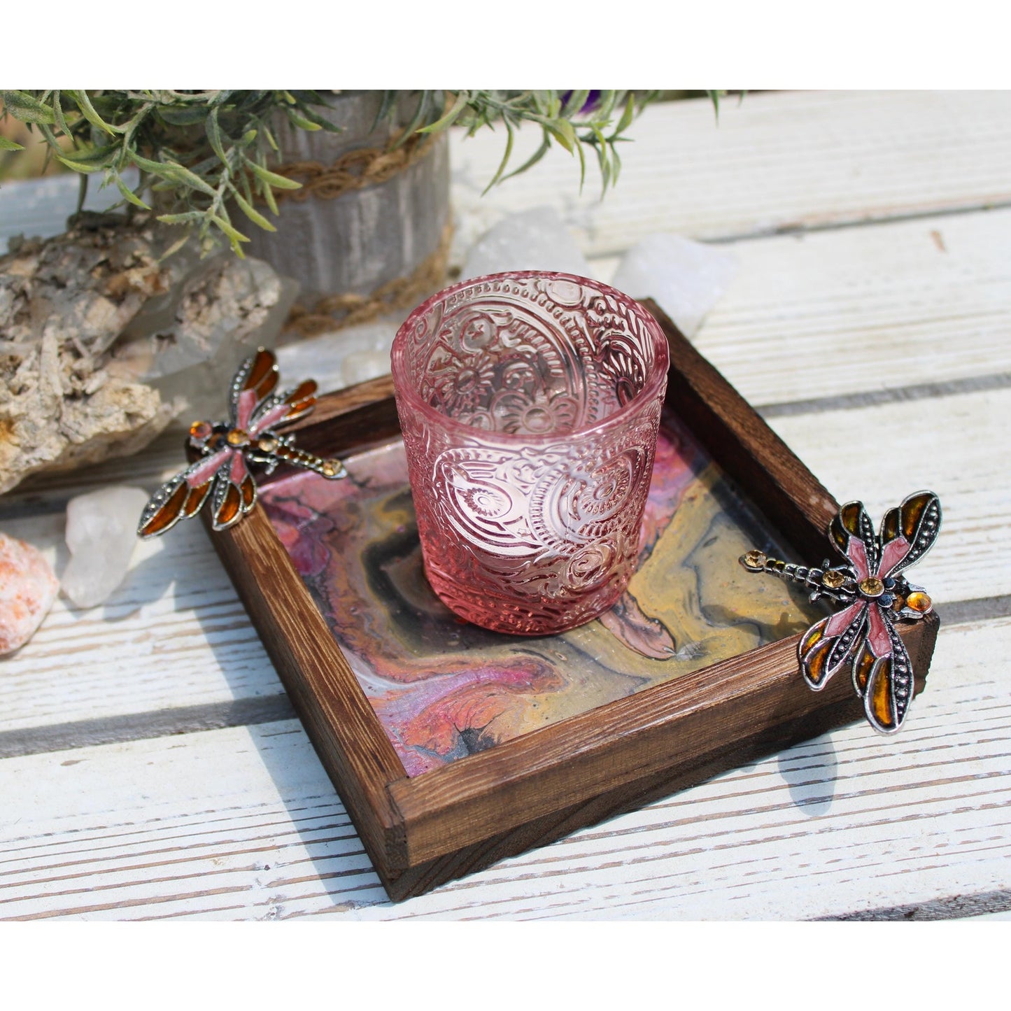Hand Painted Dragonfly Wood Candle Holder: Acrylic Pour