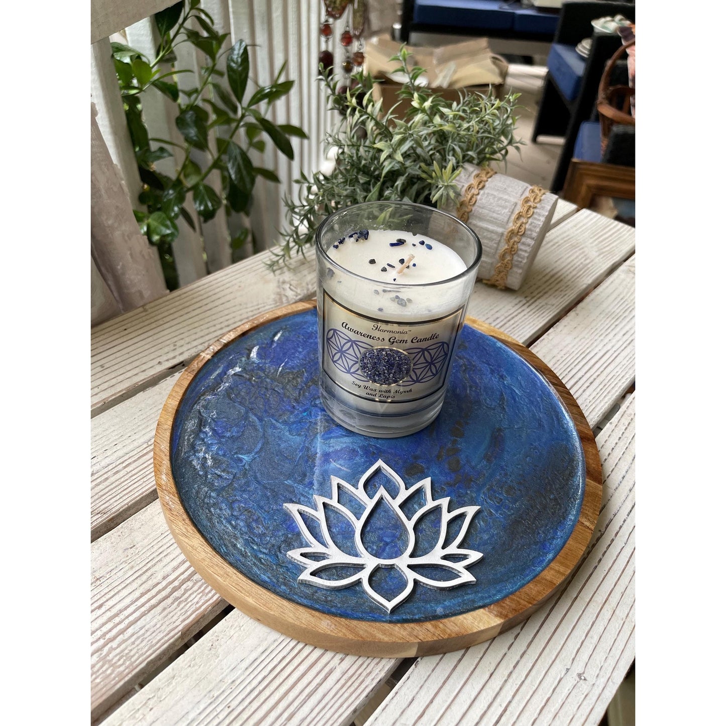 Hand Painted Blue Lotus Tray with Soy Candle Set | Meditation Decor | Acrylic Pour Art | Spiritual Home Decor | One of a Kind Gift