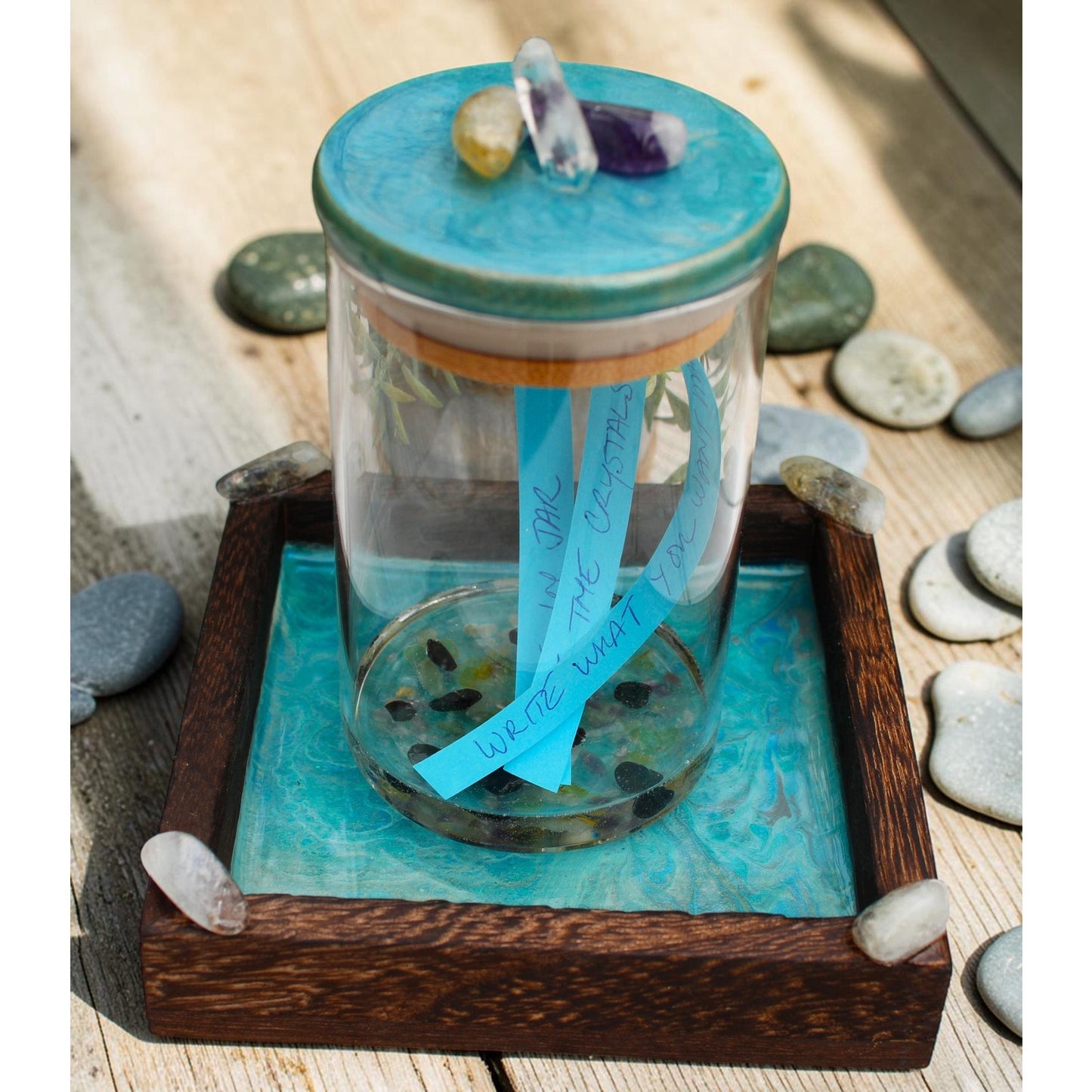 Manifestation Prayer Jar Set with Citrine, Amethyst & Clear Quartz – Hand Painted Tray – Crystal Intention Jar Spiritual Gift Energy Ritual