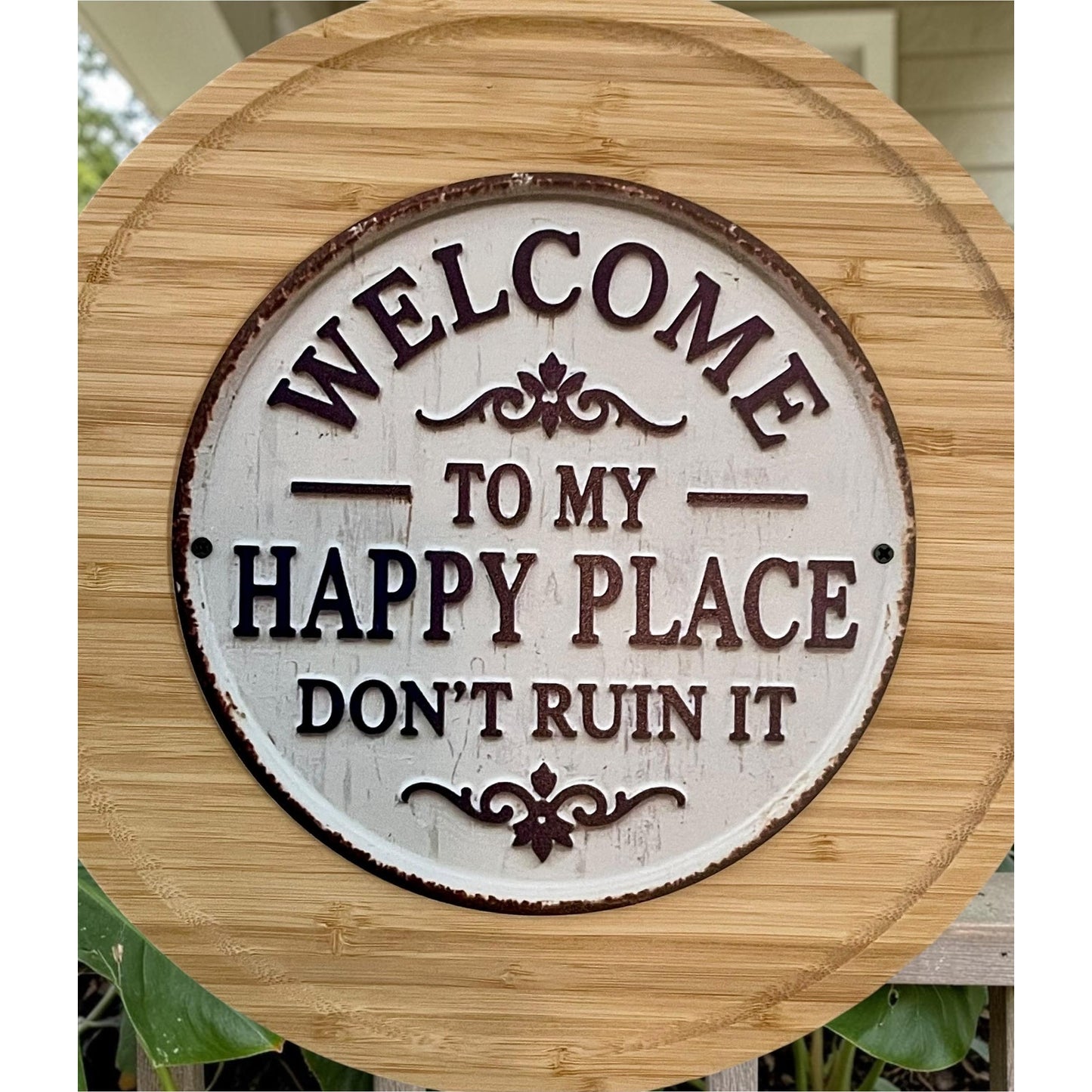 Funny Welcome Sign 12” | Welcome to My Happy Place Don’t Ruin It | Rustic Wood Wall Decor | Housewarming Gift | Farmhouse Sign