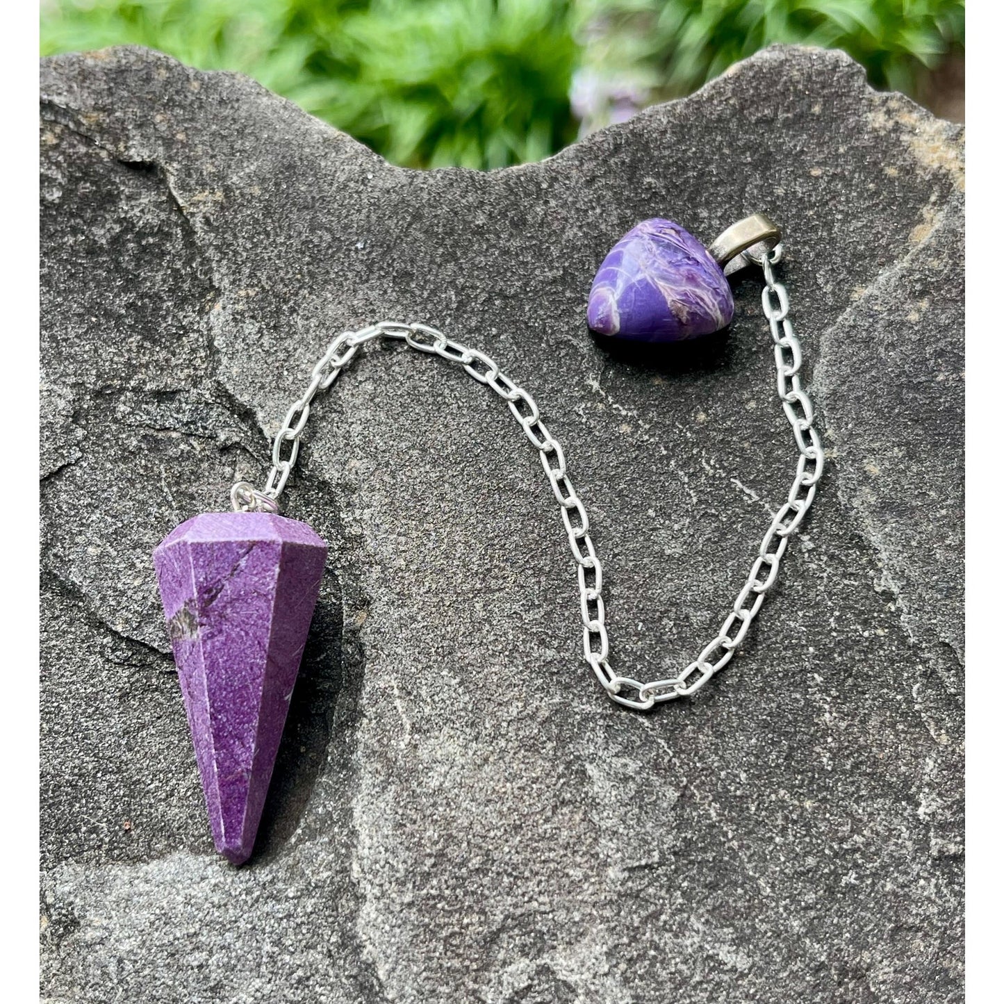 Luxury Stichtite Pendulum with Rare Russian Charoite Handle | Heavy Precious Metal Sterling Silver Chain | Handmade One-of-a-Kind