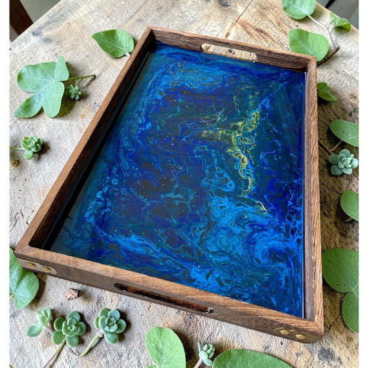 Blue Morpho Abysse Resin Serving Tray – Ocean Inspired Acrylic Pour Art – Handmade Wooden Tray – Celestial Blue Home Decor Luxury Resin Art