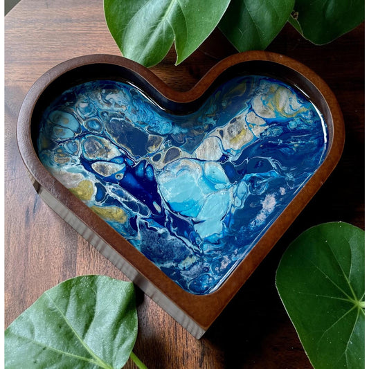 Abyssal Tide Heart Tray – Hand Painted Resin Art Catchall Dish – Ocean Inspired Blue Decor – Jewelry Tray – Coastal Cottage Gift