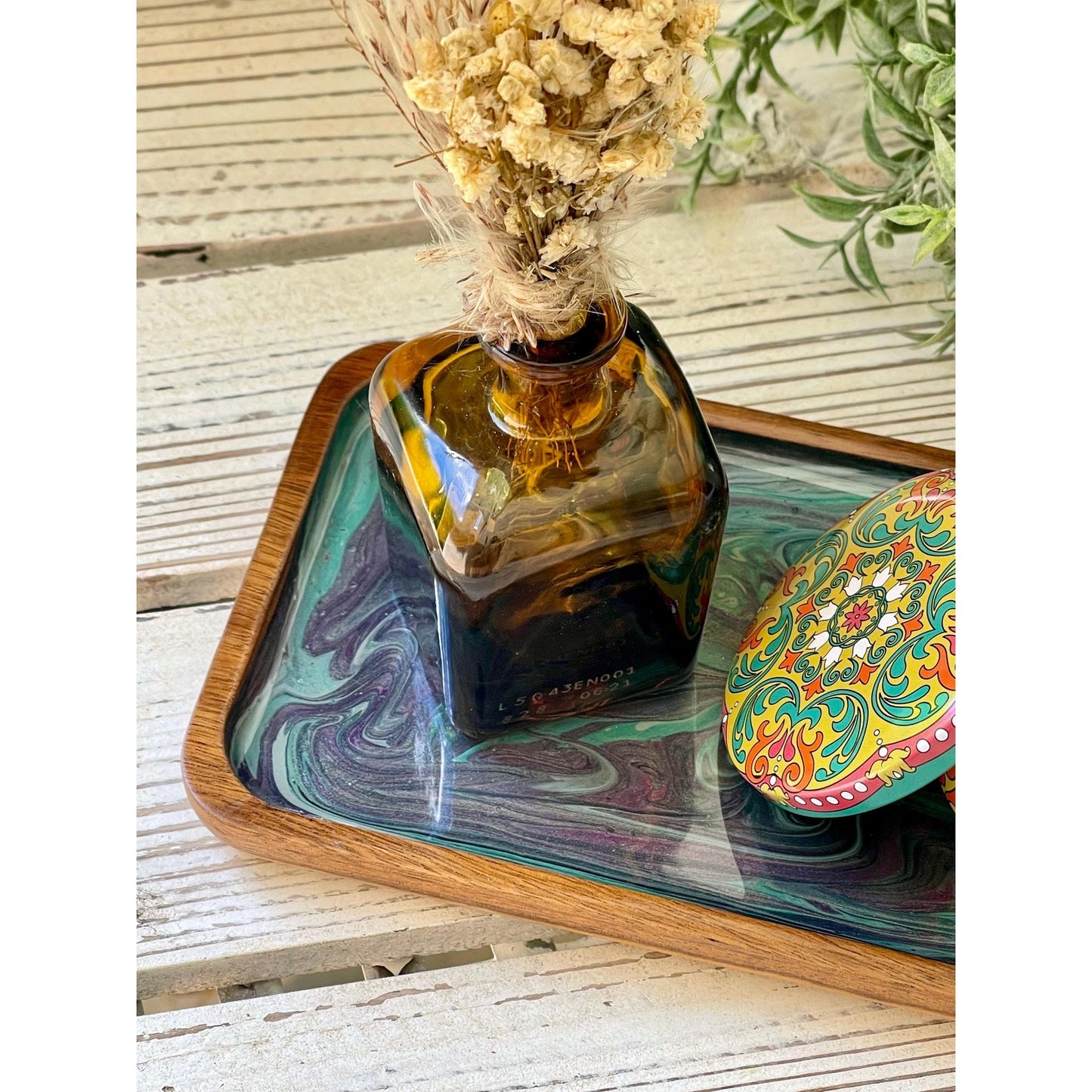 Handmade Resin Tray Set with Soy Candle & Dried Flowers |