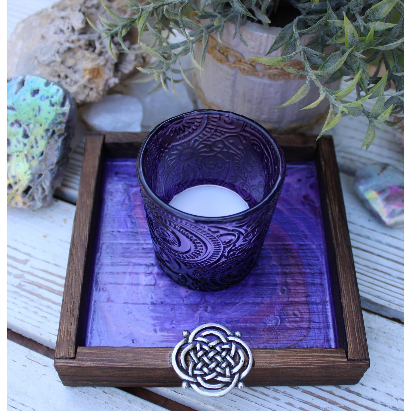 Candle Holder and Candle Celtic Harmony Hand Painted Wood