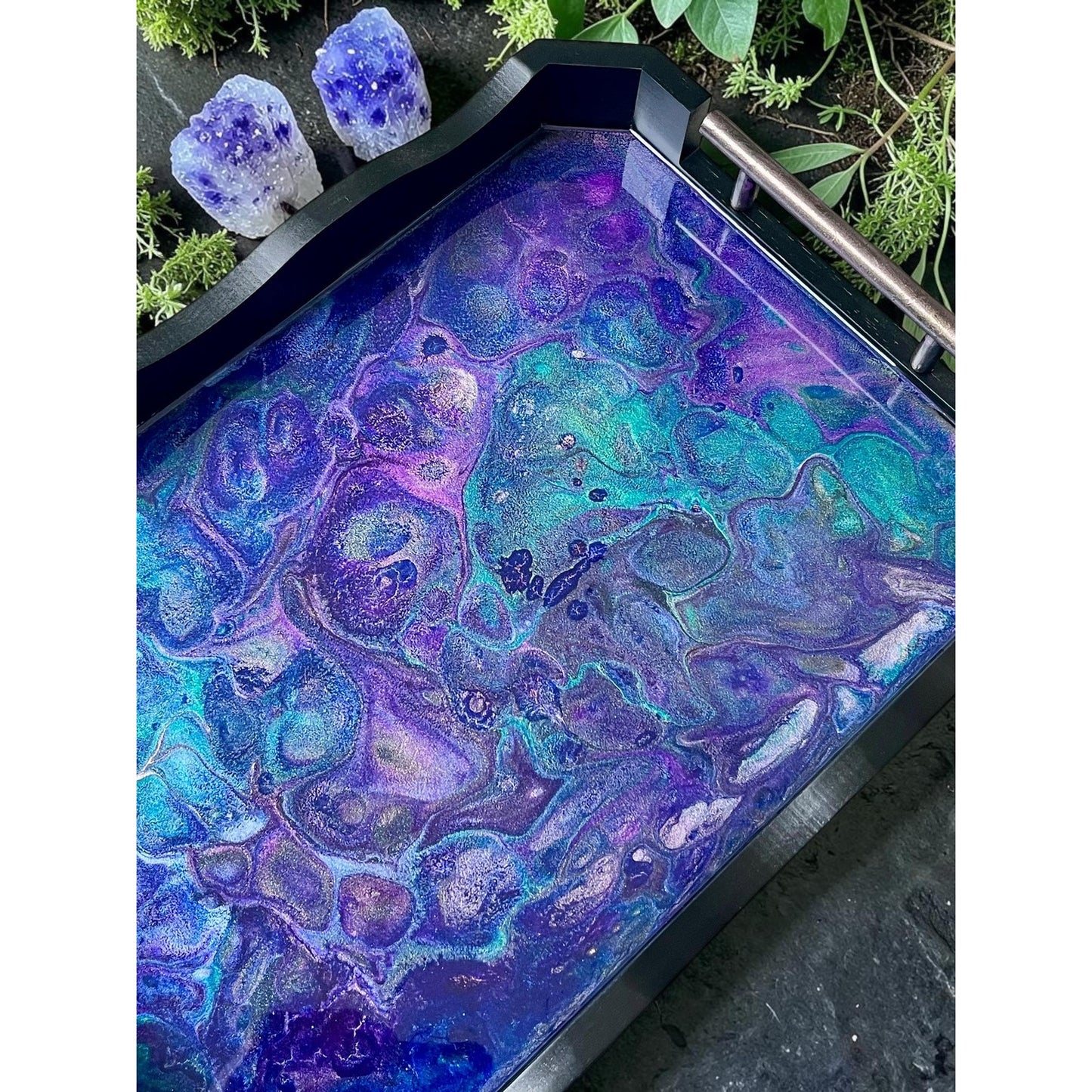 Moonstone Abysse Resin Art Tray | Celestial Decorative Tray | Indigo Teal Fluid Art | Handmade Serving Tray | Luxury Mystic Home Decor