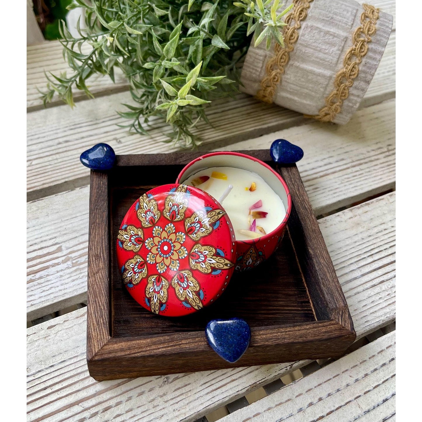 Lapis Lazuli Heart Gift Set | Mini Tray with Soy Candle & Dried Flowers | Crystal Decor | Spiritual Gift | Handmade Home Decor