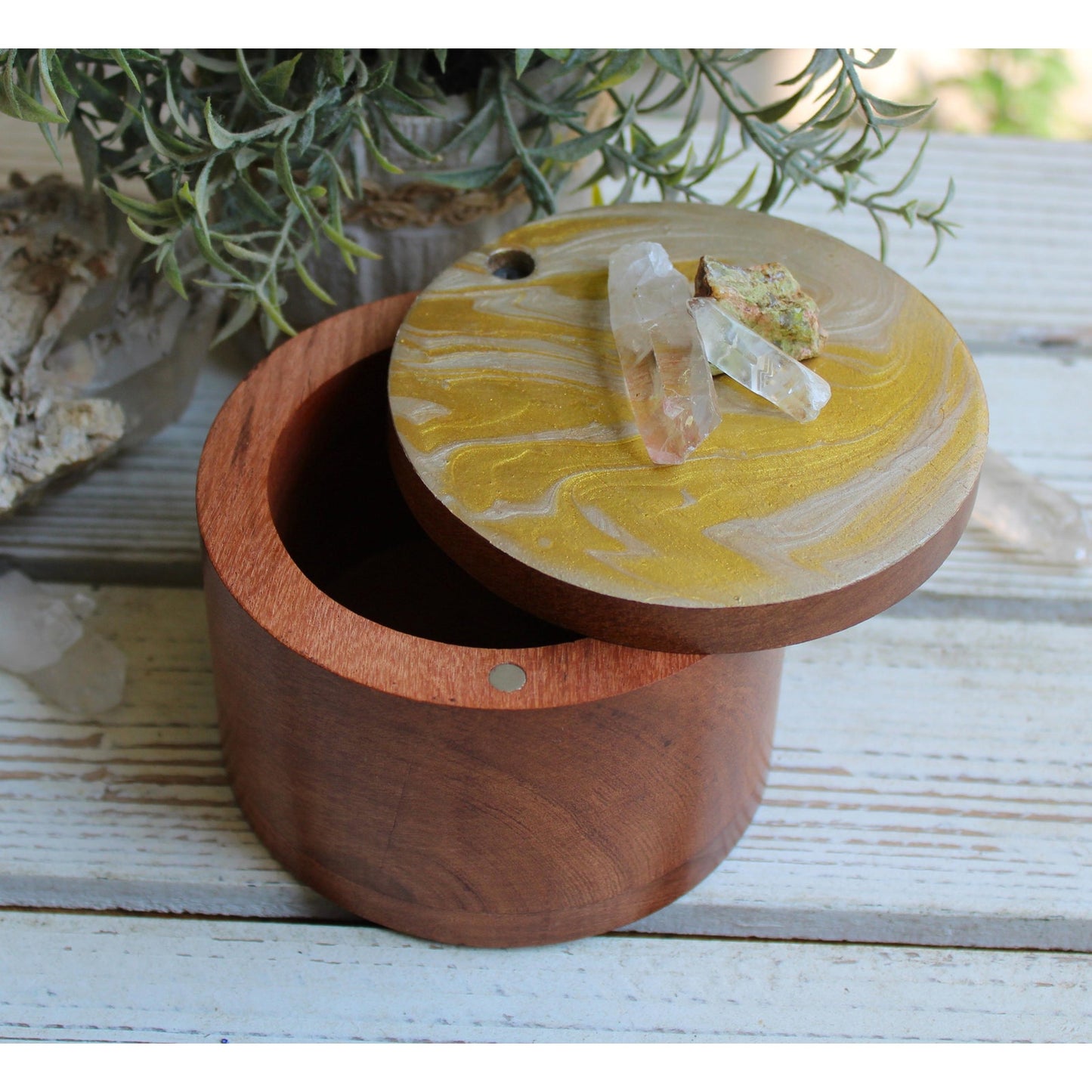 Stash Box, Jewelry Box, Keepsake Box, Hand Painted Box Crystals Unakite, Clear Quartz 4" x 4 x 3"