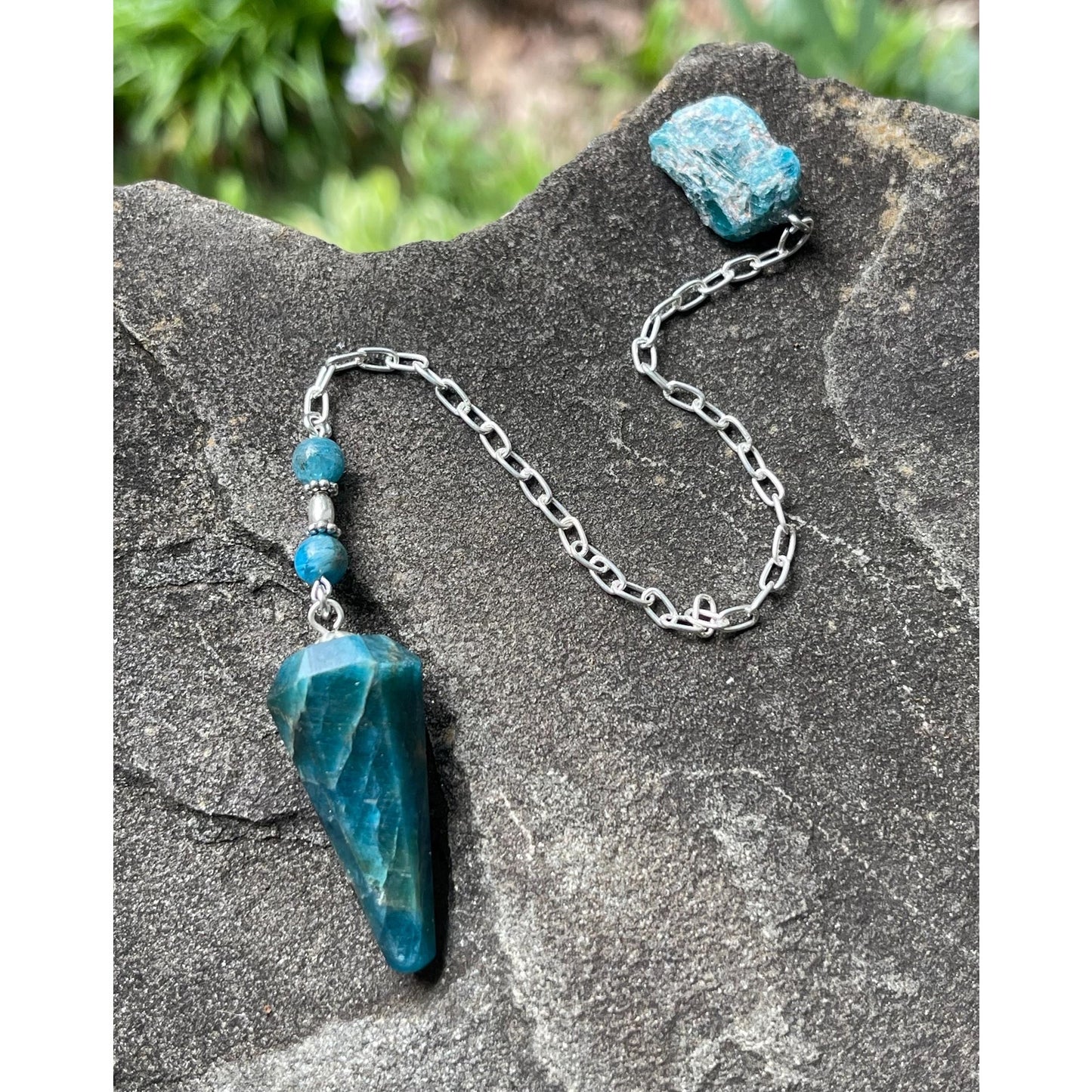 Luxury Blue Apatite Pendulum with Raw Blue Apatite Handle | Heavy Sterling Silver Precious Metal Chain | Handcrafted Crystal Pendulum