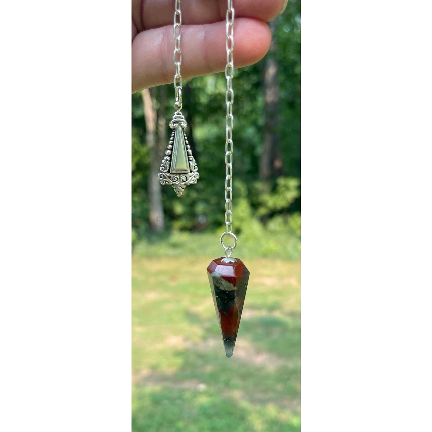 Luxury African Bloodstone Pendulum with Sterling Silver Handle & Chain | Handcrafted Crystal Divination Tool | Reiki Meditation |